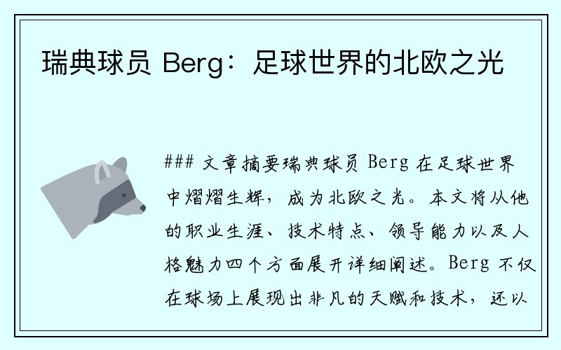 瑞典球员 Berg：足球世界的北欧之光